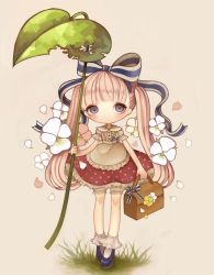 Rule 34 | 1girl, absurdres, black footwear, blunt bangs, expressionless, flower, frills, grass, grey eyes, hair ribbon, highres, holding, leaf, long hair, looking at viewer, no nose, original, pink hair, plant, ribbon, shirosaki london, shoes, short sleeves, solo, standing, striped ribbon, twintails, very long hair, white flower, wide shot