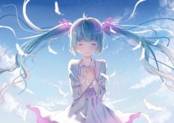 Rule 34 | 1girl, aqua hair, blue hair, closed eyes, collar, collared dress, crying, day, dress, feathers, gradient hair, hair ribbon, hatsune miku, long hair, mimengfeixue, multicolored hair, outdoors, own hands together, ribbon, sky, solo, tears, text focus, translation request, twintails, upper body, v arms, very long hair, vocaloid