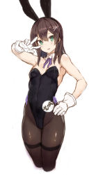 Rule 34 | 1girl, animal ears, black hair, black leotard, black pantyhose, blush, breasts, character name, commentary request, cropped legs, detached collar, fake animal ears, gloves, green eyes, hair between eyes, hair ornament, hairband, hairclip, hand on own hip, highleg, highleg leotard, kantai collection, leotard, long hair, looking at viewer, neck ribbon, one-hour drawing challenge, oyashio (kancolle), pantyhose, parted lips, playboy bunny, purple ribbon, rabbit ears, revision, ribbon, ryo (tg290), simple background, sketch, small breasts, solo, standing, thighband pantyhose, twitter username, w, w over eye, white background, white gloves