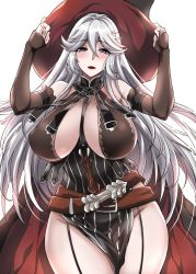 Rule 34 | 10s, 1girl, bare shoulders, between breasts, blush, breasts, curvy, detached sleeves, garter straps, granblue fantasy, hat, large breasts, long hair, looking at viewer, magisa (granblue fantasy), mushi024, open mouth, purple eyes, silver hair, solo, thick thighs, thighs, wide hips, witch hat