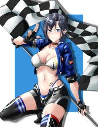 Rule 34 | 1girl, absurdres, black gloves, black shorts, blue eyes, blue jacket, blue panties, blush, breasts, checkered flag, choker, cleavage, closed mouth, collarbone, cropped jacket, embarrassed, fingerless gloves, flag, girls&#039; frontline, gloves, grey hair, highleg, highleg panties, highres, holding, holding flag, jacket, looking at viewer, medium breasts, midriff, navel, nym+ (nymplus), open clothes, open fly, open jacket, p22 (girls&#039; frontline), p22 (pulsing dash) (girls&#039; frontline), panties, race queen, short hair, shorts, skindentation, solo, squatting, stomach tattoo, strapless, tattoo, thighhighs, thighs, underwear, v-shaped eyebrows, zettai ryouiki
