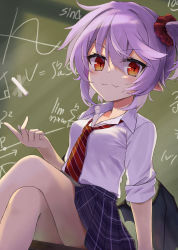 Rule 34 | 1girl, akisome hatsuka, alternate costume, arm up, blue skirt, blush, board, breasts, chalk, chalkboard, classroom, closed mouth, collared shirt, commentary request, crossed legs, dot nose, eyelashes, fang, hair ornament, hair scrunchie, holding, holding chalk, knees, light purple hair, long sleeves, math, medium breasts, miniskirt, necktie, one side up, plaid, plaid skirt, pleated skirt, pointy ears, red eyes, red necktie, red scrunchie, remilia scarlet, school uniform, scrunchie, shirt, short hair, side ponytail, sitting, skin fang, skirt, sleeves rolled up, slit pupils, smile, solo, striped necktie, sweatdrop, thighs, touhou, upper body, white shirt, wing collar