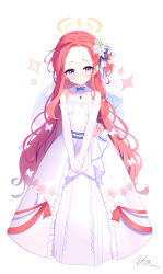 Rule 34 | 1girl, blue archive, blush, bow, breasts, closed mouth, dated, detached collar, dress, hair bow, halo, long hair, looking at viewer, purple eyes, red hair, signature, simple background, sleeveless, sleeveless dress, small breasts, smile, solo, white background, white bow, white dress, yellow halo, yuzu (blue archive), zcx