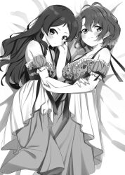 2girls antenna_hair bare_shoulders bed_sheet breasts cleavage closed_mouth collarbone detached_sleeves dot_nose eyelashes feet_out_of_frame floral_print forehead frilled_negligee frills greyscale halterneck hand_on_another&#039;s_cheek hand_on_another&#039;s_face highres idolmaster idolmaster_million_live! idolmaster_million_live!_theater_days kitazawa_shiho large_breasts layered_nightgown light_smile long_hair looking_at_viewer lying medium_breasts monochrome multiple_girls official_alternate_costume on_side parted_bangs pocchari puffy_detached_sleeves puffy_sleeves ribbon-trimmed_sleeves ribbon_trim rose_print sexy_beautiful_(idolmaster) short_hair sidelocks straight_hair toyokawa_fuka wavy_hair