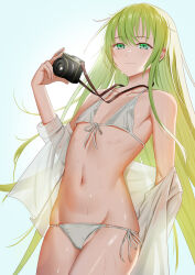 Rule 34 | 1other, androgynous, bare shoulders, camera, enkidu (fate), fate/grand order, fate (series), green eyes, green hair, highres, long hair, looking at viewer, mailixiang, navel, see-through, see-through shirt, shirt, smile, very long hair, wet