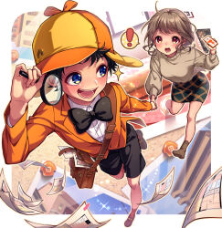 Rule 34 | !, 1boy, 1girl, absurdres, bag, black bow, black bowtie, black pants, blue eyes, bow, bowtie, brown bag, brown footwear, brown hair, brown socks, brown sweater, cellphone, collared shirt, dress shirt, full body, hat, highres, holding, holding hands, holding magnifying glass, holding phone, jacket, lifull home&#039;s, long sleeves, magnifying glass, multicolored clothes, multicolored headwear, no shoes, open mouth, orange headwear, orange jacket, orange socks, pants, phone, photo (object), red eyes, rifuru, shirt, shoes, shoulder bag, skirt, smartphone, socks, speech bubble, sweater, traditional bowtie, white shirt, yellow headwear