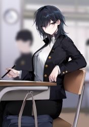 Rule 34 | 1girl, absurdres, arm rest, bag, bara (03 bara ), black hair, blue eyes, blurry, blurry background, chair, classroom, collared shirt, commentary request, desk, expressionless, from side, hair between eyes, highres, jacket, long sleeves, looking at viewer, open clothes, open jacket, original, school bag, school desk, school uniform, shirt, short hair, sitting, solo focus, tomboy, yokoyama ishimi