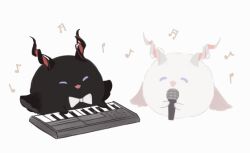 Rule 34 | animated, animated gif, arknights, beamed sixteenth notes, bow, bowtie, chasehuimao, closed eyes, commentary request, ebenholz (arknights), eighth note, holding, holding microphone, horns, keyboard (computer), kreide (arknights), microphone, musical note, quarter note, simple background, white background, white bow, white bowtie