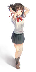 Rule 34 | 10s, 1girl, adjusting hair, arms up, black hair, black skirt, blush, bow, bowtie, brown eyes, brown footwear, collared shirt, dress shirt, full body, highres, kimi no na wa., kneehighs, loafers, miyamizu mitsuha, open mouth, pleated skirt, ponytail, red bow, red bowtie, school uniform, shadow, shirt, shoes, short sleeves, skirt, smile, socks, solo, standing, string, string of fate, white background, white shirt, zzz (chomic)