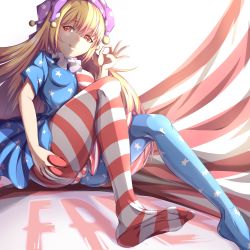 Rule 34 | 1girl, absurdres, american flag dress, american flag legwear, ass, ass grab, bad feet, blonde hair, boqee, breasts, closed mouth, clownpiece, dress, fellatio gesture, grabbing own ass, hat, highres, jester cap, knees up, licking lips, light smile, long hair, looking at viewer, neck ruff, no wings, pantyhose, polka dot, purple hat, red eyes, short sleeves, simple background, sitting, small breasts, solo, star (symbol), star print, striped, tongue, tongue out, touhou, very long hair, white background