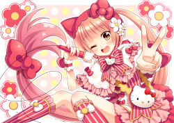 Rule 34 | 1girl, animal ears, animal hat, bow, brown eyes, cat hat, hagino kouta, hair bow, hair ornament, hat, hello kitty, hello kitty to issho!, highres, long hair, looking at viewer, microphone, nekomura iroha, open mouth, pink hair, ponytail, sanrio, smile, solo, v, very long hair, vocaloid