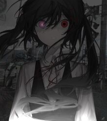 Rule 34 | 1girl, black hair, black vest, collared shirt, floating hair, grey sky, hair between eyes, hair ornament, heterochromia, highres, long hair, long sleeves, looking at viewer, neck ribbon, original, outdoors, parted lips, photo background, pink eyes, power lines, red eyes, red ribbon, ribbon, road sign, shirt, sign, sky, solo, straight-on, twintails, upper body, utility pole, vest, white shirt, xoxzxox