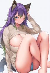 Rule 34 | 1girl, animal ear fluff, animal ears, arm behind head, arm support, arm up, ass, blue eyes, blue panties, breasts, cleavage, cleavage cutout, closed mouth, clothing cutout, commentary request, commission, crossed ankles, feet out of frame, gradient hair, green hair, hair between eyes, highres, huge breasts, knees up, long hair, long sleeves, looking at viewer, meme attire, multicolored hair, one eye closed, open-chest sweater, original, panties, purple hair, simple background, sitting, skeb commission, smile, solo, suruga (xsurugax), sweater, tail, underwear, very long hair, white background