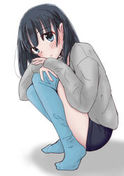 Rule 34 | 1girl, black hair, blue eyes, blue thighhighs, blush, closed mouth, dot nose, eniwa shii, female focus, highres, long hair, long sleeves, looking at viewer, no shoes, shorts, simple background, sin rg, smile, solo, squatting, super cub, thighhighs, white background