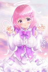 Rule 34 | 1girl, :o, amatsuka lilyel, angel, bare shoulders, blush, bow, bowtie, breasts, center frills, claw pose, cowboy shot, detached sleeves, drawn wings, embarrassed, fingernails, frilled shirt, frilled sleeves, frills, hair ornament, hairclip, halo, indie virtual youtuber, large breasts, long sleeves, looking at viewer, nail polish, pink hair, purple bow, purple bowtie, purple eyes, rikatan, shirt, short hair, skirt, skirt set, solo, underbust, virtual youtuber, white shirt, white skirt, wings, x hair ornament