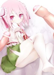 Rule 34 | 1girl, ass, bandages, barefoot, blush, bun cover, censored, disembodied penis, double bun, feet, flower, foreskin, hair bun, highres, ibaraki kasen, looking at viewer, lying, multiple penises, no shoes, non-web source, on side, oouso, panties, penis, pink eyes, pink hair, puffy sleeves, scan, shirt, short hair, short sleeves, simple background, sitting, skirt, solo focus, sweat, tabard, thighhighs, touhou, underwear, vest, white thighhighs