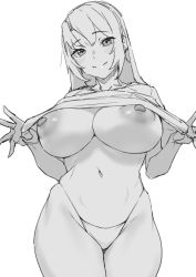 Rule 34 | 1girl, blush, breasts, closed mouth, clothes lift, greyscale, hatching (texture), large breasts, lifted by self, long hair, looking at viewer, monochrome, navel, obmas, original, panties, shirt lift, simple background, sketch, smile, solo, thick thighs, thighs, underwear, white background