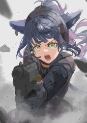 Rule 34 | 1girl, absurdres, animal ears, arknights, black hairband, blurry, cat ears, commentary request, crying, gloves, green eyes, grey background, gun, hairband, highres, holding, holding gun, holding weapon, hood, hood down, hooded jacket, jacket, jessica (arknights), long hair, long sleeves, multicolored hair, open mouth, ponytail, rock, smoke, solo, tears, teeth, tongue, upper body, uutan (shibainu kakumei), weapon