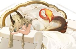 Rule 34 | 1girl, absurdres, arknights, blonde hair, couch, crossed arms, dragon girl, dragon horns, dress, flame-tipped tail, green eyes, highres, horns, infection monitor (arknights), long hair, lying, on side, reed (arknights), sidelocks, solo, white dress, yuro ( yu you)