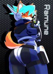 Rule 34 | 1girl, animal ears, ass, blue hair, character name, cropped jacket, dog ears, dog tail, female focus, from behind, furry, furry female, gun, highres, jacket, looking back, mayoi89g, original, police, police uniform, ramune (mayoi89g), robot ears, short hair, solo, tail, uniform, weapon