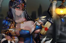 Rule 34 | 1girl, black hair, breast poke, breasts, caster of the nocturnal castle, circlet, dark-skinned female, dark skin, fate/grand order, fate (series), green eyes, highres, huge breasts, lapaco, lips, long hair, looking at viewer, mouth veil, outstretched hand, poking, scheherazade (fate), see-through, solo, staff, veil