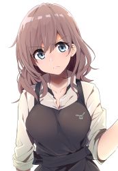 Rule 34 | &gt;:(, 1girl, absurdres, apron, black apron, blue eyes, breasts, brown hair, frown, highres, kazenoko, large breasts, looking at viewer, original, shirt, simple background, solo, upper body, white background, white shirt