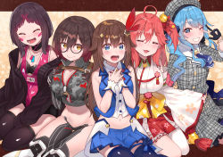 Rule 34 | 5girls, absurdres, ahoge, azki (2nd costume) (hololive), azki (hololive), bare shoulders, black-framed eyewear, black coat, black legwear, black shorts, blue eyes, blue hair, blue legwear, blue skirt, breasts, brown hair, buttons, cherry blossom print, cleavage, closed eyes, coat, floral print, glasses, gloves, hair between eyes, hair ornament, hairclip, hands on own chest, highres, hololive, hoshimachi suisei, hoshimachi suisei (1st costume), huge filesize, jewelry, long hair, midriff, miniskirt, multiple girls, navel, necklace, necktie, off shoulder, one eye closed, open clothes, open coat, open mouth, partially fingerless gloves, pink hair, revealing clothes, roboco-san, roboco-san (1st costume), sakura miko, sakura miko (1st costume), see-through, see-through midriff, shorts, sitting, skirt, thighhighs, tokino sora, tokino sora (1st costume), tonarikeru, virtual youtuber, w, x hair ornament, yellow eyes