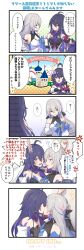 Rule 34 | 2girls, 5koma, ?, absurdres, ahoge, angry, bare shoulders, blue hair, blush, breasts, bronya rand, clenched hand, comic, commentary, crossed arms, drill hair, earrings, english text, grey hair, hand on own hip, heart, highres, honkai: star rail, honkai (series), jewelry, kabedon, kiss, large breasts, long hair, looking at another, medium breasts, multiple girls, open mouth, seele (honkai: star rail), speech bubble, sweatdrop, talking, upper body, v-shaped eyebrows, yumegiwa (skgl thx), yuri