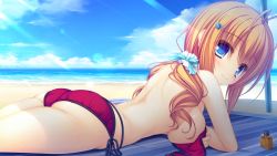 Rule 34 | 1girl, antenna hair, ass, beach, bikini, blanket, blue eyes, blush, bottle, breasts, brown hair, cloud, day, female focus, game cg, hair ornament, highres, kamitouno ena, kujiragami no tearstilla, large breasts, long hair, looking at viewer, lotion, lotion bottle, low twintails, lying, mattress, mikagami mamizu, ocean, on stomach, outdoors, pole, red bikini, sand, scrunchie, side-tie bikini bottom, sky, smile, solo, swimsuit, topfreedom, topless, twintails, untied bikini