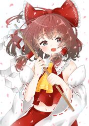 Rule 34 | 1girl, ascot, blush, bow, brown hair, cherry blossoms, detached sleeves, frilled bow, frilled hair tubes, frilled shirt collar, frills, gohei, grey eyes, hair bow, hair tubes, hakurei reimu, highres, japanese clothes, looking at viewer, medium hair, miko, navel, open mouth, petals, red bow, red shirt, red skirt, shirt, simple background, skirt, sleeveless, sleeveless shirt, smile, solo, subetehakai, touhou, upper body, white background, white sleeves, wide sleeves, yellow ascot