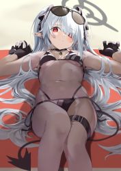 Rule 34 | 1girl, beach, bikini, blue archive, blush, breasts, breasts apart, choker, clenched teeth, collarbone, dark-skinned female, dark skin, demon tail, eyewear on head, feet out of frame, from below, gloves, grey hair, hair over one eye, halo, hands up, highres, iori (blue archive), kikurage tom., knees together feet apart, long hair, looking at viewer, lying, multi-strapped bikini bottom, navel, on back, pointy ears, red eyes, shadow, small breasts, solo, sunglasses, swimsuit, tail, teeth, thigh strap, towel, twintails, very long hair