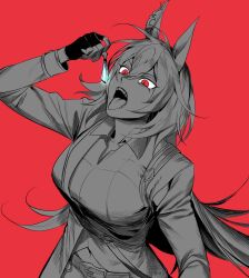 Rule 34 | 1girl, animal ears, arm up, belt, breasts, collared shirt, fangs, fingerless gloves, gloves, hair between eyes, highres, holding earrings, horse ears, jacket, large breasts, long hair, long sleeves, looking up, open mouth, partially colored, red background, red eyes, shirt, simple background, sirius symboli (umamusume), slit pupils, solo, symboli rudolf (umamusume), tongue, tongue out, ukka (0ukka ), umamusume, upper body
