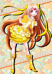 Rule 34 | 10s, 1girl, boots, bow, brown hair, bubble skirt, capelet, cure muse, cure muse (yellow), heart, knee boots, long hair, lovelabo, pink eyes, precure, shirabe ako, skirt, solo, suite precure, tiara, yellow bow
