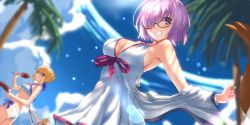 Rule 34 | 3girls, artoria pendragon (all), artoria pendragon (fate), artoria pendragon (swimsuit archer) (fate), artoria pendragon (swimsuit archer) (first ascension) (fate), ass, bikini, black-framed eyewear, blue sky, blurry, bokeh, breasts, casual one-piece swimsuit, cleavage, covered navel, criss-cross halter, day, depth of field, dutch angle, fate/grand order, fate (series), food, grin, hair over one eye, halterneck, highres, jacket, kebab, large breasts, looking at viewer, mash kyrielight, mash kyrielight (swimsuit of perpetual summer), mordred (fate), mordred (fate) (all), mordred (fate/apocrypha), mordred (swimsuit rider) (fate), multiple girls, off shoulder, official alternate costume, one-piece swimsuit, outdoors, palm tree, purple eyes, purple hair, saber (fate), short hair, sideboob, sky, smile, swimsuit, tail, tree, tsuuhan, white bikini
