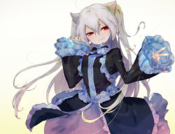 Rule 34 | 1girl, animal ears, bad id, bad pixiv id, black dress, cat ears, closed mouth, dress, frilled dress, frilled sleeves, frills, hair between eyes, highres, krn (kurukuru15), long hair, looking at viewer, nora cat, nora cat channel, red eyes, silver hair, smile, solo, two side up, v, very long hair, virtual youtuber, white background, wide sleeves