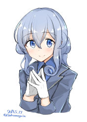 Rule 34 | 1girl, black necktie, blue eyes, blue hair, blue jacket, blue shirt, blush, closed mouth, collared shirt, cropped torso, dated, gloves, gotland (kancolle), gotland andra (kancolle), hair between eyes, hair bun, half gloves, highres, jacket, kantai collection, long hair, long sleeves, looking at viewer, military, military uniform, mole, mole under eye, necktie, own hands clasped, own hands together, sakikumo (sakumo), shirt, simple background, single hair bun, smile, solo, steepled fingers, twitter username, uniform, upper body, white background, white gloves