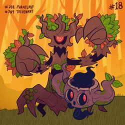 Rule 34 | autumn leaves, character name, commentary, creature, creatures (company), english commentary, forest, full body, game freak, gen 6 pokemon, grass, inktober, leaf, nature, nintendo, no humans, outdoors, phantump, pokedex number, pokemon, pokemon (creature), standing, tonestarr, tree, trevenant