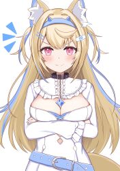 Rule 34 | 1girl, animal ear fluff, animal ears, arms under breasts, bandaid, bandaid hair ornament, belt, blonde hair, blue belt, blue hair, blue nails, blush, breasts, cleavage, cleavage cutout, clothing cutout, collar, dog ears, dog girl, dog tail, dress, fuwawa abyssgard, fuwawa abyssgard (1st costume), hair ornament, hairpin, highres, hololive, hololive english, long hair, looking at viewer, medium breasts, multicolored hair, nail polish, pink eyes, sabamiso (tomomon021831), smile, solo, spiked collar, spikes, streaked hair, tail, two side up, virtual youtuber, white dress