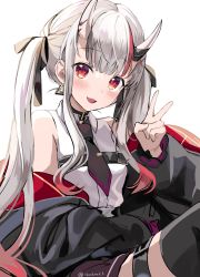 Rule 34 | 1girl, akamoku, black choker, black jacket, black necktie, black ribbon, black thighhighs, blush, breasts, choker, collared shirt, commentary, earrings, hair ornament, hair ribbon, highres, hololive, horns, jacket, jewelry, long hair, looking at viewer, multicolored hair, nakiri ayame, necktie, off shoulder, official alternate costume, open clothes, open jacket, open mouth, red eyes, red hair, ribbon, shirt, short necktie, sidelocks, silver hair, simple background, sitting, skin-covered horns, sleeveless, sleeveless shirt, small breasts, smile, solo, streaked hair, thigh strap, thighhighs, twintails, twitter username, two-tone hair, v, virtual youtuber, white background, white shirt, wing collar, x hair ornament