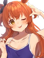 Rule 34 | 1girl, ant m22, armpits, breasts, cleavage, collarbone, commentary request, highres, looking at viewer, mayano top gun (umamusume), one eye closed, orange eyes, orange hair, portrait, salute, school swimsuit, simple background, small breasts, solo, swimsuit, tongue, tongue out, umamusume, white background