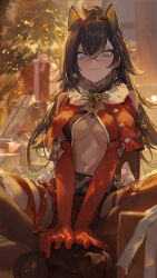 Rule 34 | 1girl, absurdres, ahoge, alternate costume, animal ears, bare shoulders, bell, black hair, blonde hair, blue eyes, blurry, blurry background, boots, box, breasts, christmas, christmas present, christmas tree, closed mouth, commentary, crop top, cropped jacket, crossed ankles, crossed bangs, curtains, dark-skinned female, dark skin, dehya (genshin impact), earrings, elbow gloves, frown, fur-trimmed jacket, fur-trimmed legwear, fur trim, genshin impact, gift, gift box, gloves, hand on own foot, highres, indian style, jacket, jacket on shoulders, jewelry, jingle bell, knees out of frame, leg ribbon, long hair, looking at viewer, medium breasts, modare, multicolored hair, neck bell, neck ring, open clothes, open jacket, red gloves, red jacket, red ribbon, red shorts, ribbon, santa costume, shorts, sitting, solo, thigh boots, thigh ribbon, thighs, torn clothes, two-tone hair, underboob, v-shaped eyebrows, window