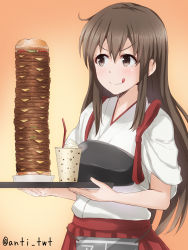 Rule 34 | &gt;:), 10s, 1girl, :q, akagi (kancolle), anti (untea9), breasts, brown eyes, brown hair, burger, cheese, cup, drinking straw, food, gradient background, hakama, hakama short skirt, hakama skirt, highres, holding, japanese clothes, kantai collection, licking lips, long hair, looking at another, milkshake, muneate, orange background, pleated skirt, skirt, smile, solo, tasuki, tongue, tongue out, tray, twitter username, upper body, v-shaped eyebrows
