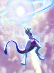 Rule 34 | above clouds, absurdres, arm up, blue eyes, cloud, commentary request, creatures (company), elyoncat, energy ball, full body, game freak, gen 1 pokemon, glowing, glowing eyes, highres, legendary pokemon, mewtwo, nintendo, no humans, pokemon, pokemon (creature), toes