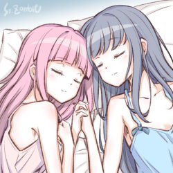 Rule 34 | 2girls, artist name, bed, blue background, blue camisole, blue hair, blunt bangs, breasts, camisole, closed eyes, gradient background, holding hands, interlocked fingers, light blush, long hair, magia record: mahou shoujo madoka magica gaiden, mahou shoujo madoka magica, multiple girls, nanami yachiyo, on bed, pillow, pink camisole, pink hair, sidelocks, sleeping, small breasts, smile, studiozombie, tamaki iroha, yuri