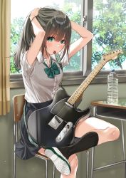 Rule 34 | 1girl, arms up, black hair, black skirt, black socks, blush, bottle, bow, bowtie, breasts, chair, classroom, collared shirt, green eyes, guitar, hand in own hair, highres, indoors, instrument, kneehighs, kukiha, looking at viewer, medium breasts, mouth hold, original, plectrum, plectrum in mouth, school uniform, shirt, shirt tucked in, shoes, short sleeves, sidelocks, sitting, skirt, socks, solo, table, thighs, uniform, water bottle, white shirt, wristband