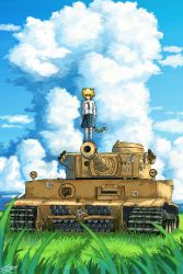 Rule 34 | 1girl, animal ears, blonde hair, blue sky, caterpillar tracks, cloud, grass, green eyes, hans (pixiv 37537768), highres, meadow, military, military vehicle, motor vehicle, original, scenery, short hair, signature, skirt, sky, solo, tail, tank, tiger ears, tiger girl, tiger i, tiger tail