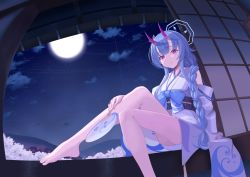 Rule 34 | 1girl, absurdres, barefoot, blue archive, blue hair, bow, braid, braided ponytail, chise (blue archive), cloud, feet, halo, hand fan, harold japan, highres, horns, japanese clothes, kimono, legs, long hair, looking at viewer, moon, night, night sky, red eyes, sitting, sky, smile, solo, very long hair