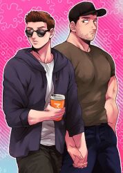 Rule 34 | 2boys, bara, baseball cap, black hair, black pants, blue pants, brown hair, brown shirt, chris redfield, closed mouth, couple, cup, facial hair, gold 5610, hat, holding, holding cup, holding hands, large pectorals, male focus, multiple boys, muscular, muscular male, pants, pectorals, piers nivans, resident evil, resident evil 6, shirt, short hair, sunglasses, white shirt, yaoi