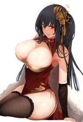Rule 34 | 1girl, azur lane, black hair, black thighhighs, blush, breasts, cleavage, closed mouth, dress, fishnet thighhighs, fishnets, hair ornament, hand on floor, huge breasts, itete, large breasts, long hair, looking at viewer, official alternate costume, on floor, red dress, red eyes, smile, solo, taihou (azur lane), taihou (phoenix&#039;s spring song) (azur lane), thighhighs, thighs, white background
