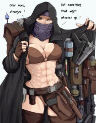 Rule 34 | 1girl, abs, backpack, bag, bandana, bandana over mouth, belt, bikini, canteen, coat, coat stash, english text, explosive, gloves, grenade, gun, handgun, highres, holding, hood, knife, long sleeves, looking at viewer, merchant (resident evil), pouch, resident evil, resident evil 4, solo, swimsuit, thighhighs, toned, trench coat, weapon, yellow eyes, yoracrab